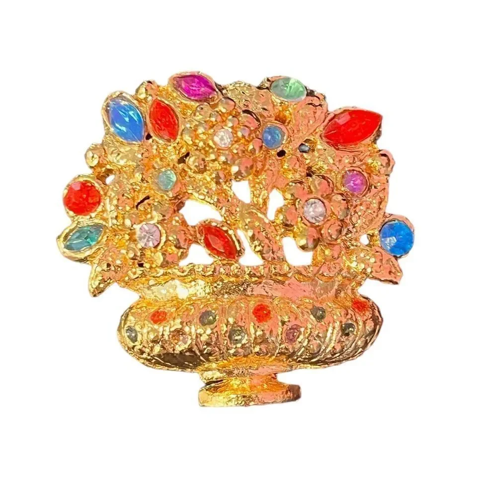 Stunning Multi-Color Rhinestone Gold Tone Flower Basket Brooch